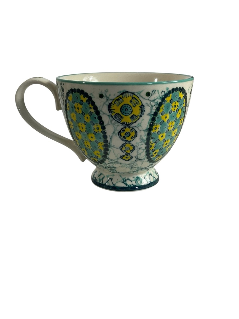 Anthropologie Kebaya Footed Pedestal Ceramic Mug Teal Yellow 12 Oz